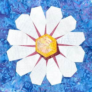 Modello di blocco trapuntato a margherita, serie Wildflower, download PDF, modello di carta per patchwork Foundation