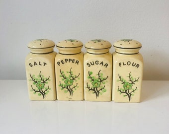 Vintage Moriyama Japan pottery green cherry blossoms shakers