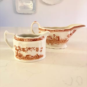 Vintage Furnivals Quail English brown transferware gravy boat and creamer