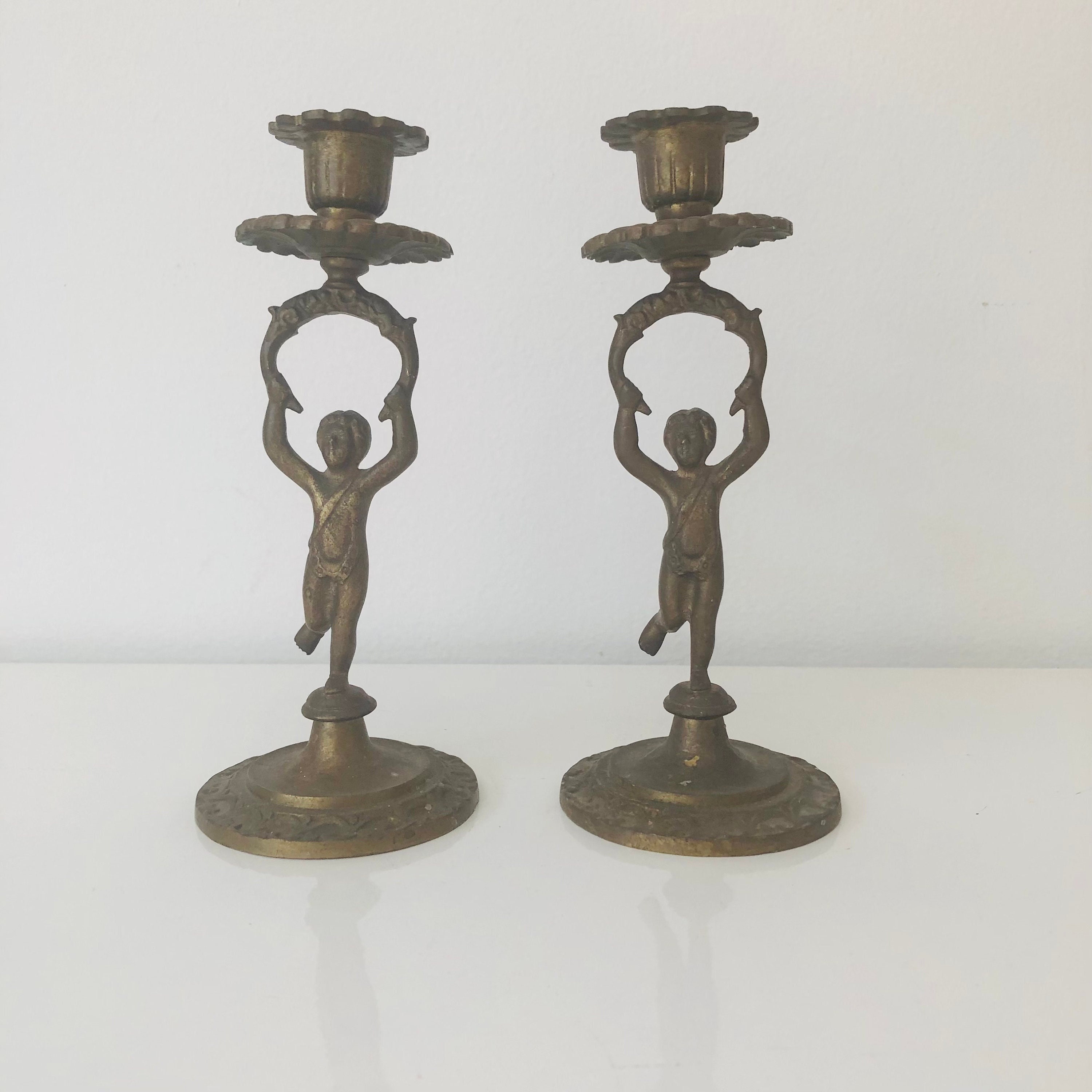 PAIRE D'ANGELOTS PUTTI En Céramique Doré Bougeoirs EUR 46,00 - FR