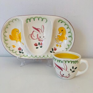 Set of Stangl Barnyard Kiddeware hand painted pottery divided dish and cup for children