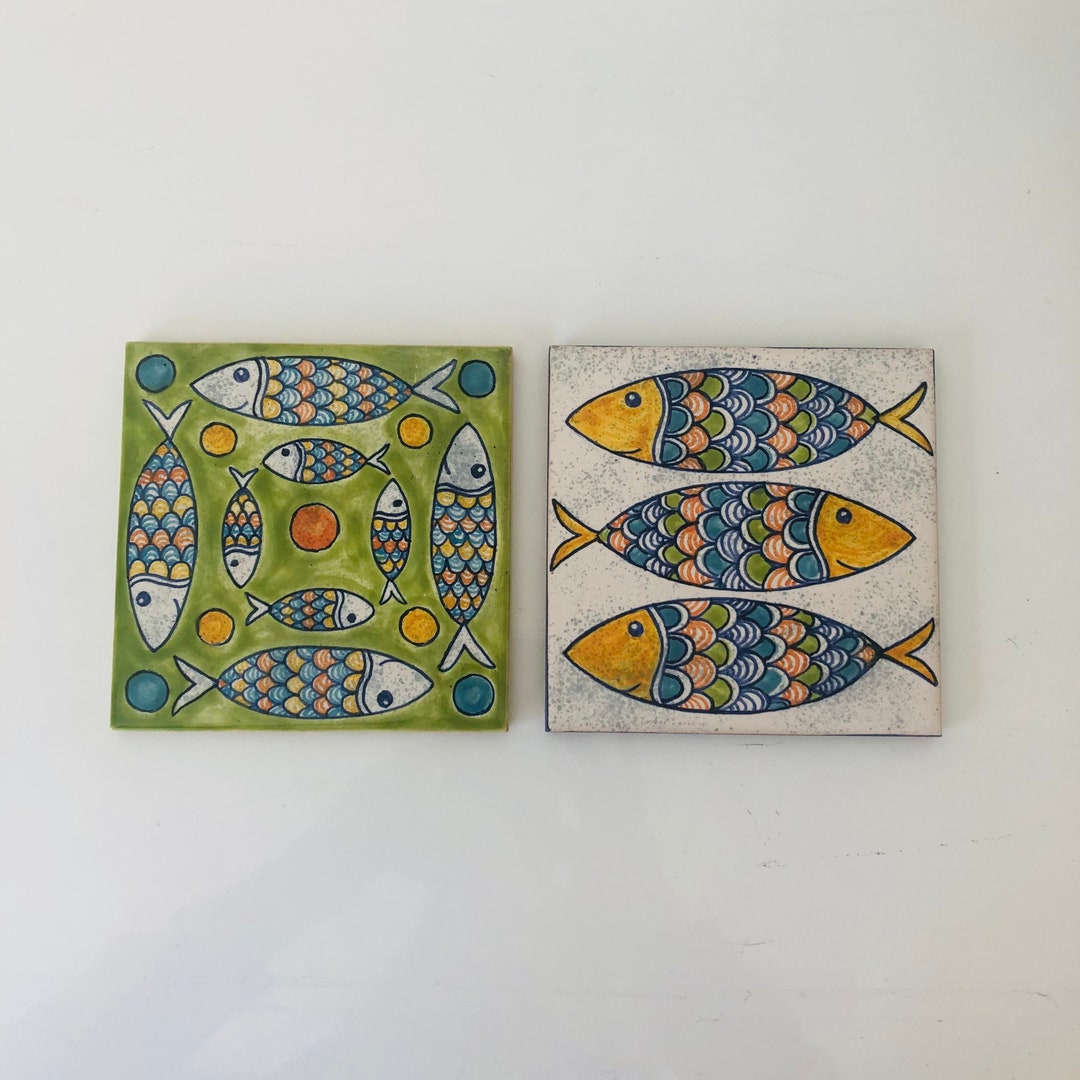 2 Portuguese Trivets Hand Painted Fish Tiles Etsy