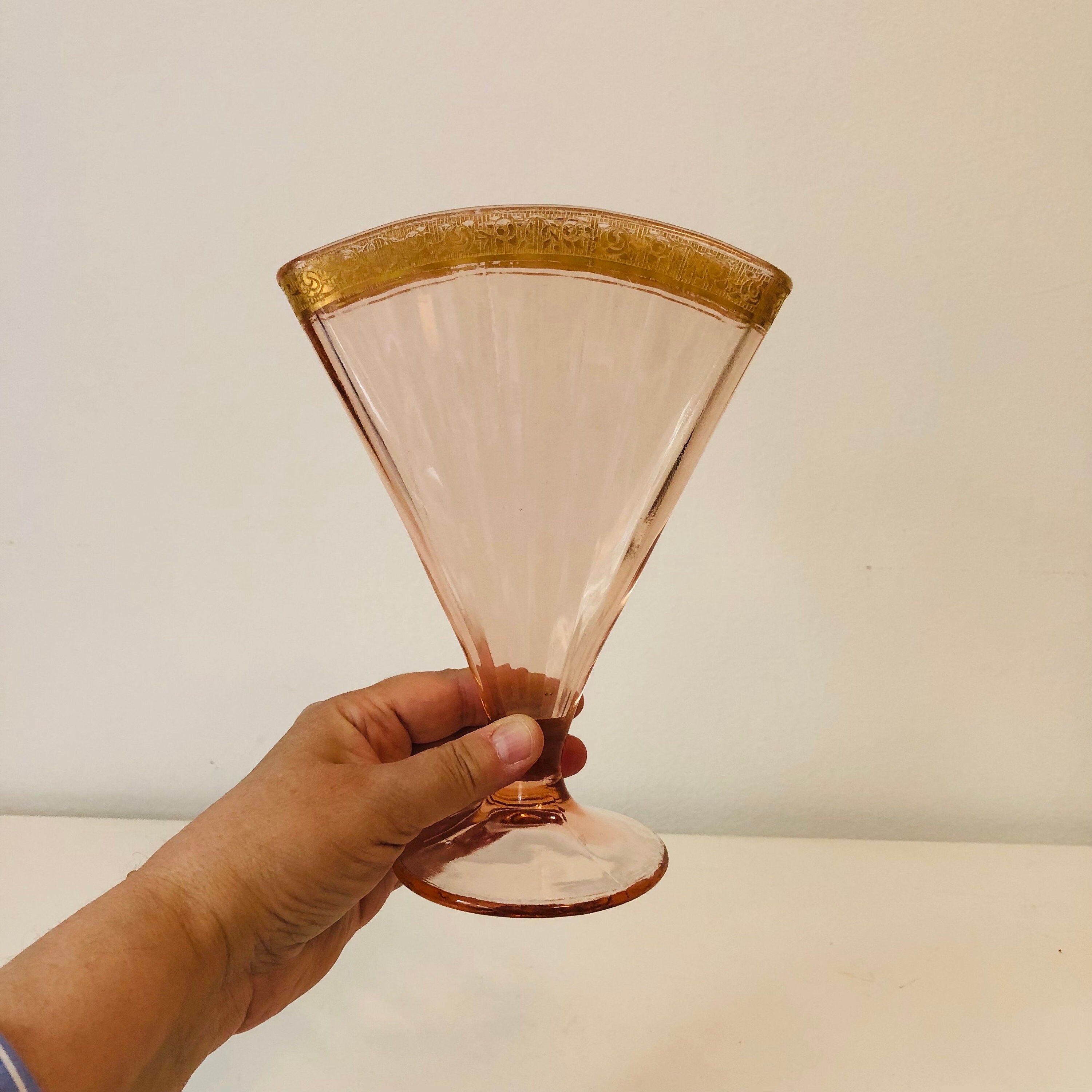 Pink and Gold Art Deco Fan Shaped Glass Vase Etsy