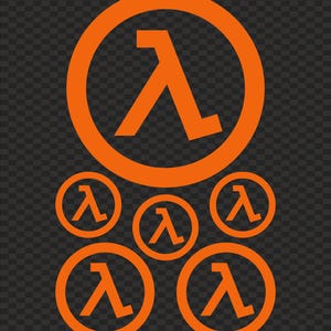 May include: Orange Lambda symbol in a circle, repeated in various sizes. The Lambda symbol is a stylized letter resembling an upside-down "V" with a horizontal line. The background is a dark, checkered pattern.