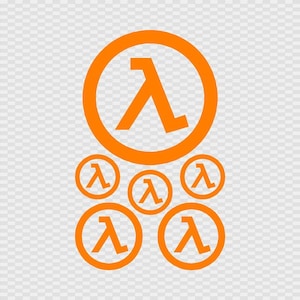 May include: Orange Lambda symbol stickers. The image shows a large Lambda symbol inside a circle, with five smaller versions below. The symbols are a bright orange color and are set against a transparent background.