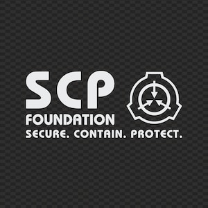 May include: A graphic design featuring the white text SCP FOUNDATION SECURE. CONTAIN. PROTECT. alongside a circular emblem with three inward-pointing arrows on a dark gray background with a subtle, repeating checkered pattern throughout the image.