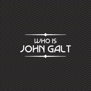 May include: White text on a dark gray, checkered background. The text reads "WHO IS JOHN GALT" in a stylized font, with horizontal lines and diamond shapes above and below the text.