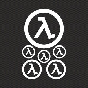 May include: White Lambda symbol stickers in various sizes. The Lambda symbol is a stylized letter within a circle. The stickers are arranged on a dark, checkered background. Ideal for laptops, water bottles, or any smooth surface.