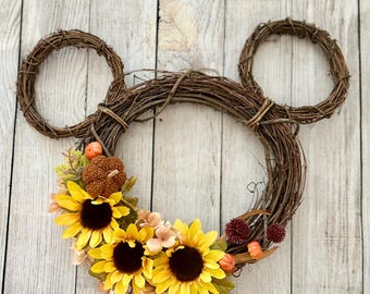 Fall Sunflower Floral Mouse Wreath | Autumn Pumpkin Grapevine Wreath | Halloween Flowers Door Wreath | Home Decor | Wall & Mantel Decor