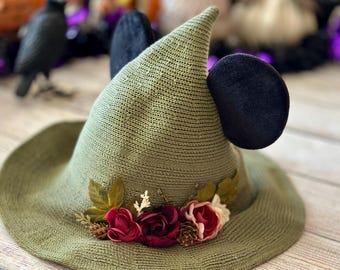 Practically Magic Mouse Sage Green Witch Hat | Black Velvet Ears | Cottagecore | Nature Earth Witch | Fantasy Floral  | One Size | Foldable