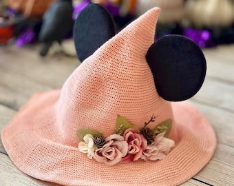 Practically Magic Mouse Pale Pink Witch Hat | Black Velvet Ears | Cottagecore | Fantasy Floral | Fairy Whimsy | One Size | Foldable