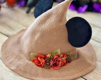 Practically Magic Mouse Taupe Brown Witch Hat | Black Velvet Ears | Cottagecore | Earth Garden Witch | Fantasy Floral  | One Size | Foldable