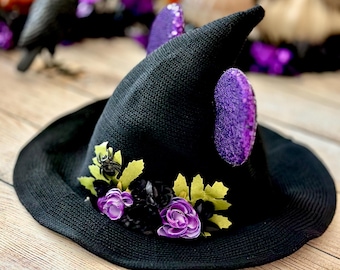 Practically Magic Mouse Black Witch Hat | Purple Sequin Ears | Cottagecore | Halloween Horror Witch | Fantasy Floral  | One Size | Foldable