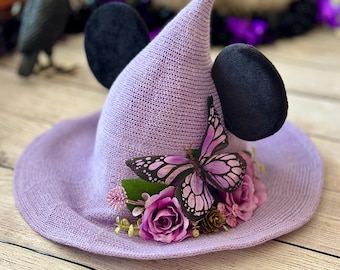 Practically Magic Mouse Lavender Witch Hat | Black Velvet Ears | Cottagecore | Fantasy Floral | Butterfly Whimsy | One Size | Foldable