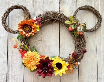 Fall Floral Mouse Wreath | Autumn Sunflower Grapevine Wreath | Halloween Flowers Door Wreath | Home Decor | Wall & Mantel Decor