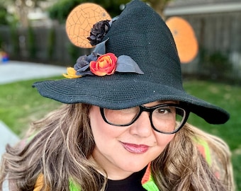 Practically Magic Mouse Black Witch Hat | Orange Spiderweb Ears | Cottagecore | Halloween Witch | Fantasy Floral  | One Size | Foldable