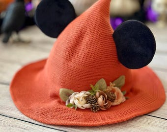 Practically Magic Mouse Orange Witch Hat | Black Velvet Ears | Cottagecore | Harvest Earth Witch | Fantasy Floral  | One Size | Foldable