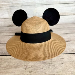 Magic Summer Khaki Mouse Hat | Black Velvet Ears | Straw Beach Hat | One Size | UPF 50+ UV Sun Protection | Wide Brim | Foldable | Packable