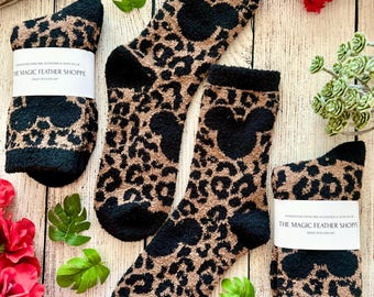 Ready To Ship Magic Cloud Mocha Mouse Animal Print Fuzzy Socks | Soft & Cozy | Unisex One Size | Machine Washable | 100% Poly Microfiber