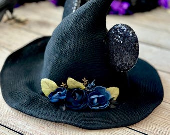 Practically Magic Mouse Black Witch Hat | Black Sequin Ears | Cottagecore | Halloween Horror Witch | Midnight Floral  | One Size | Foldable