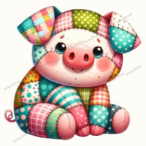 May include: A colorful patchwork pig plush toy with a pink snout, rosy cheeks, and big blue eyes. The pig is made of various fabric patterns, including polka dots, stripes, and plaid. The pig is sitting down with its legs crossed.