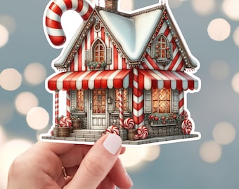 Candy Cane Cottage Sticker, Christmas Cottage Sticker, Candy Store Sticker, Merry Christmas Sticker, Holiday Candy Sticker,  (64o)