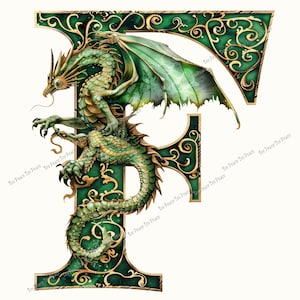 May include: A detailed illustration of the letter "F" with a green dragon perched on it. The letter is green with gold filigree and the dragon is green with detailed scales and wings. The background is white.