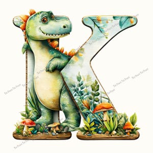 May include: A whimsical illustration of the letter "K" featuring a friendly green dinosaur. The letter is decorated with colorful mushrooms, plants, and a watercolor background. The text "Tee Peace Tee Peace" is repeated around the edges.