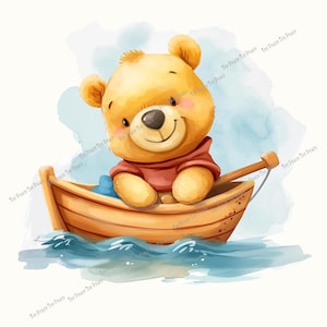 May include: Watercolor illustration of a cute teddy bear in a wooden boat on the water. The bear is wearing a red shirt and has a happy expression. The boat is brown, and the water is blue.