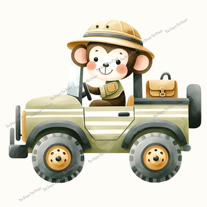 May include: A watercolor illustration of a cartoon monkey driving a safari jeep. The monkey wears a khaki safari hat and uniform. The jeep is olive green with a tan suitcase in the back. The image has the text "Tee Peace Tee Peace" in the corners.