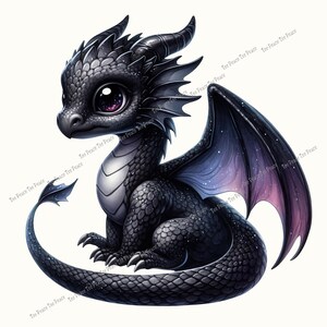 May include: A digital illustration of a baby dragon with large purple eyes, black scales, and a silver underbelly. The dragon is sitting with its tail curled, and its wings are a gradient of black, purple, and blue. The dragon has horns and spiky features.