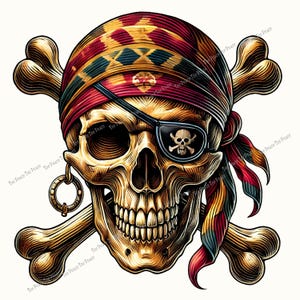 May include: A detailed illustration of a pirate skull with a red and gold bandana, an eye patch, and crossed bones. The skull has a gold hue with intricate shading, and a gold earring. The eye patch features a skull and crossbones.