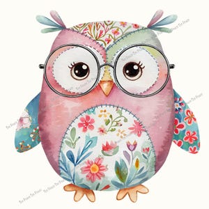 May include: Watercolor illustration of a whimsical owl wearing round glasses. The owl is primarily pink with patches of floral patterns in various colors. The owl's wings and head have blue and green accents, and it has large, expressive eyes.