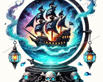 Skull Pirate Ship Snow Globe Fabric Panel, Quilt Sewing Square, Multiple Sizes, fc8o