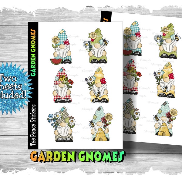 Garden Gnomes Sticker Sheets, 2 Sheet Bundle, Flower Gnome Stickers, Gardner Sticker Pack, Bee Gnome Planner Stickers, (a169)