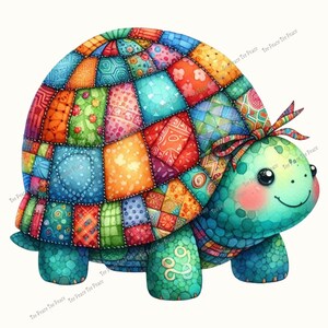 May include: A whimsical, colorful turtle illustration. The turtle's shell is a patchwork of vibrant squares in various patterns and colors. The turtle has a teal body, smiling face, and a bow on its head. The image has the text "Tee Peace Tee Peace" repeated.