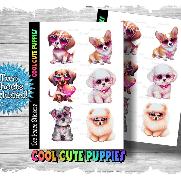 Cool Puppy Dog Sticker Sheets, 2 Sheet Bundle, Sunglass Puppies Planner Stickers, beagle Puppy Sticker Pack, Corgi Planner Sticker, (a115)