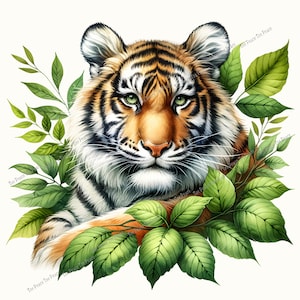 May include: A detailed illustration of a tiger's face, featuring orange and black stripes, green eyes, and a tan nose. The tiger is surrounded by lush green leaves, creating a natural and vibrant composition. The artwork has a realistic style.