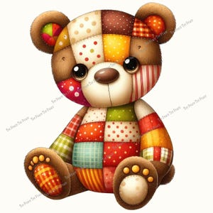 May include: A colorful patchwork teddy bear with large, expressive eyes and a brown nose. The bear's body is made of various fabric squares in red, yellow, green, and brown, with polka dots and stripes. The bear is sitting.
