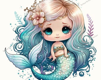 Mermaid Fabric Panel, Quilt Sewing Square, Multiple Sizes, fc3i