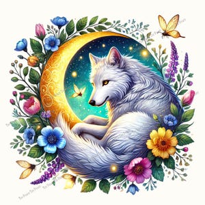 May include: A white wolf with yellow eyes rests on a crescent moon, surrounded by colorful flowers and butterflies. The artwork features a celestial theme with a starry night sky within the moon's curve. The flowers include pink, blue, and yellow blooms.