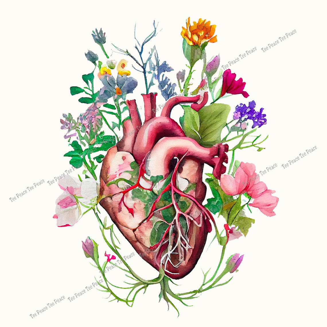 Anatomical Floral Heart Fabric Panel, Quilt Sewing Square, Multiple ...