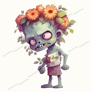 May include: A cartoon zombie character with a green complexion, wearing a flower crown and a tattered outfit. The zombie has large pink eyes, exposed teeth, and is surrounded by leaves. The image has the text "Tee Peace Tee Peace" repeated diagonally.