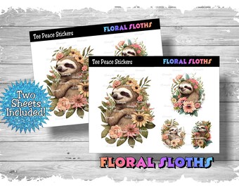 Sloth Sticker Sheets, 2 Sheet Bundle, Floral Sloth Stickers, Sloth Mama Baby Sticker Pack, Baby Sloth Planner Stickers, (a273)