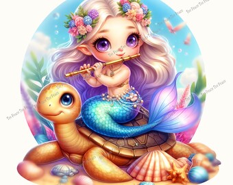 Mermaid Turtle Fabric Panel, Quilt Sewing Square, Multiple Sizes, fc9d