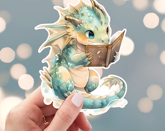 Dragon Sticker, Reading Book Dragon Large Sticker, Blue Green Dragon Sticker, Flying Dragon Sticker, Water Bottle Sticker (s1d)