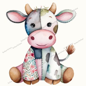 May include: A watercolor illustration of a patchwork cow. The cow is composed of various fabric patterns and colors, including floral, blue, and white. It has brown horns, a pink nose, and a smiling expression. The cow is sitting down.