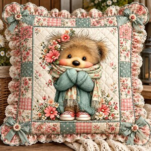 May include: A square quilted throw pillow featuring a central illustration of a fluffy teddy bear wearing a teal cardigan, scarf, and red sneakers, surrounded by pink flowers. The border has a patchwork floral pattern with teal lace ruffles.