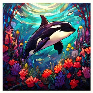 May include: A vibrant, stylized illustration of an orca swimming underwater. The artwork features a black and white orca, surrounded by colorful coral, fish, and a stained-glass effect background in shades of blue and green. The image has the text "Tee Peace Tee Peace".