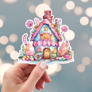 Candy Land House Sticker, Frosted Bakery House Sticker, Ginger Bread Cottage Sticker, Lollipop Candy Sticker, Water Bottle Sticker (s32y)